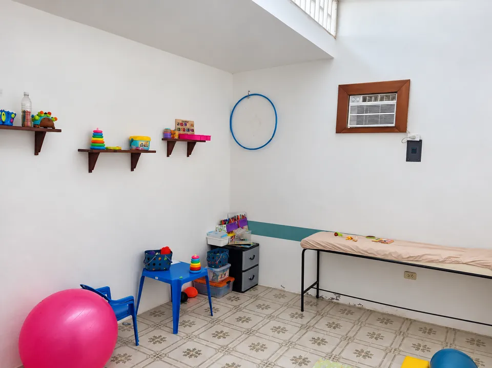Espacio del centro con camilla, pelota y materiales de atención.